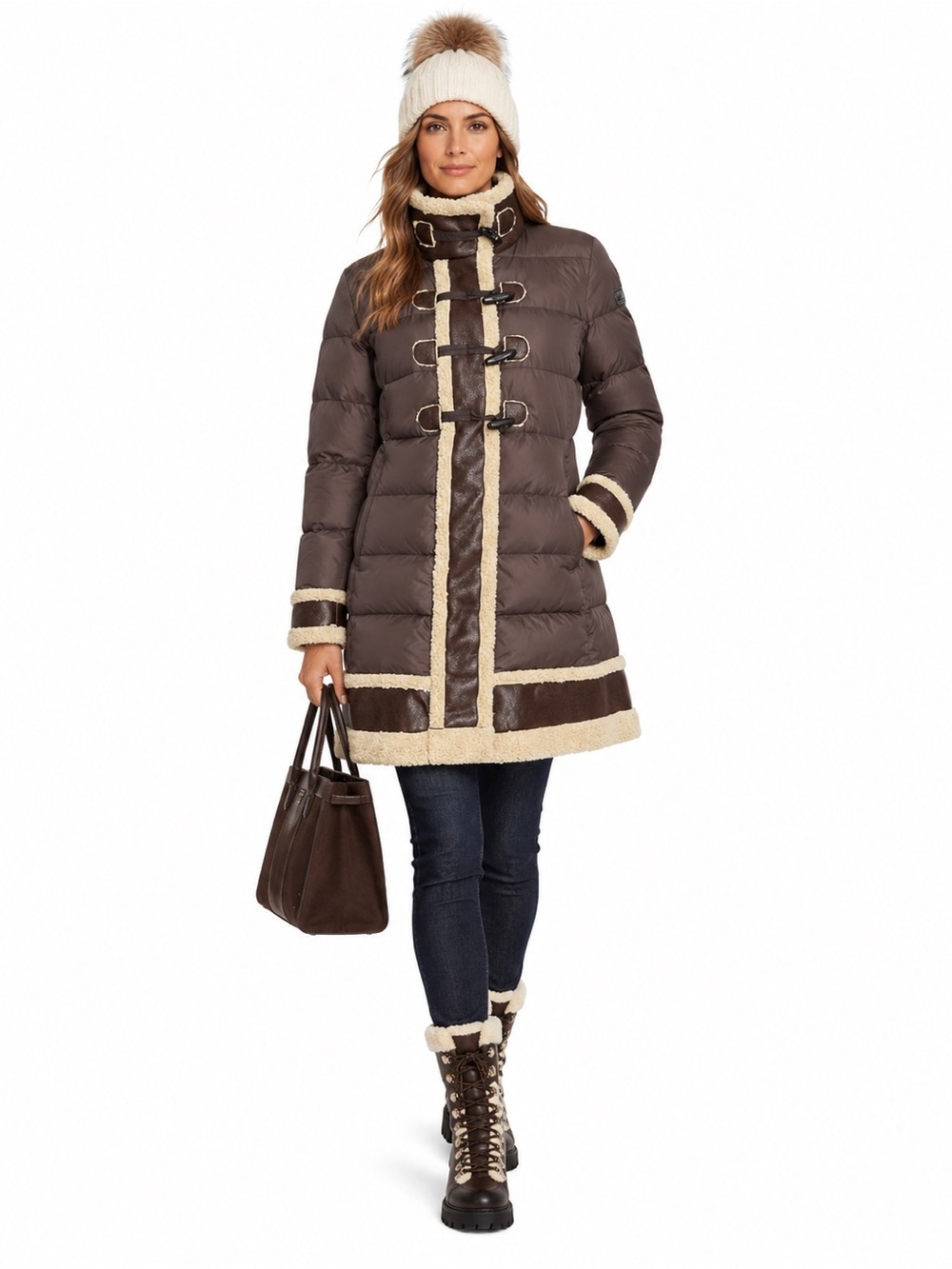ADD Brown Down Puffer Coat Faux Shearling Toggle Trim Long Jacket Size 6